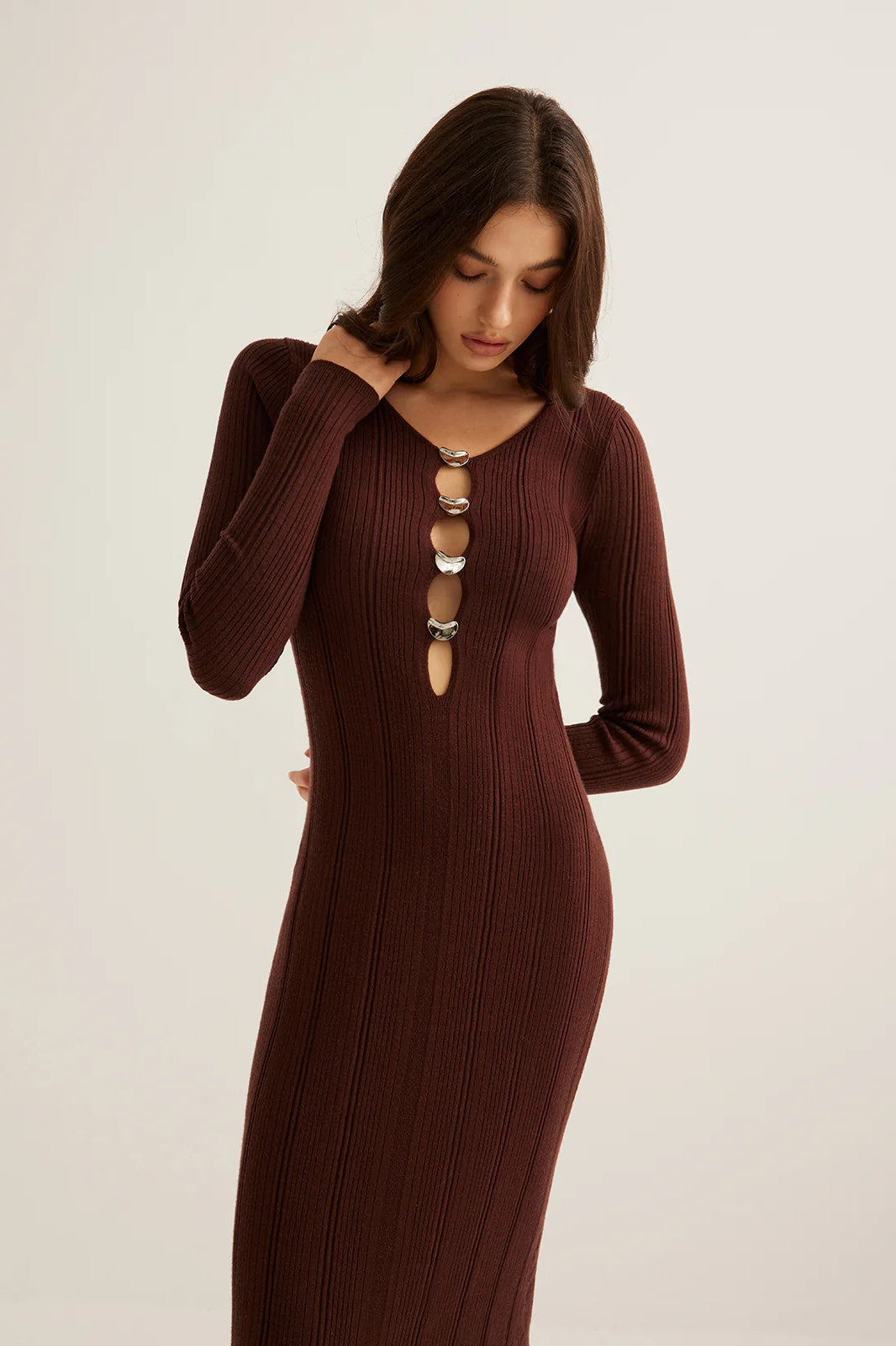 Brown Ribbed Knit Bodycon Dress