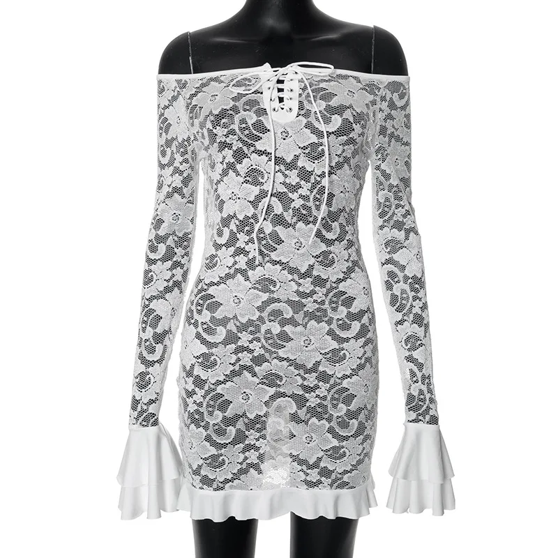Fantoye Sexy See Through Lace Women Dress White Off Shoulder Flare Sleeve Dress Female Spring Slim Elegant Party Streetwear 2025