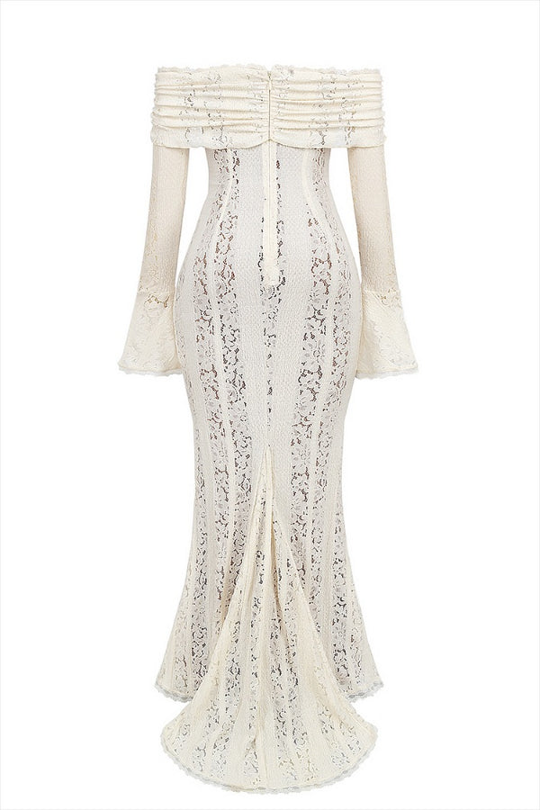 Floral Lace Off Shoulder Bell Sleeve Mermaid Maxi Dress