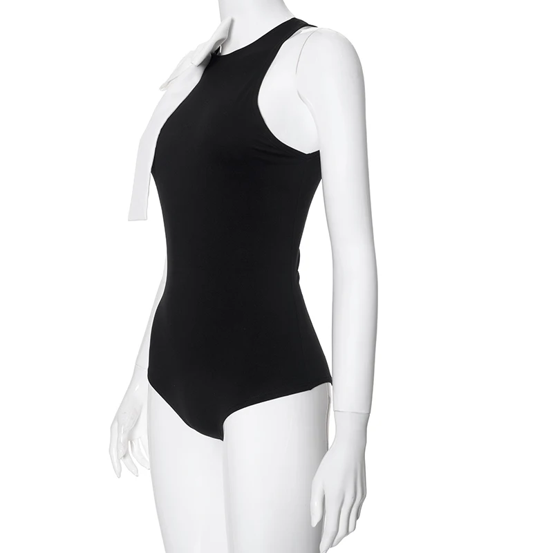 Fashion Slim Fit Sleeveless High Neck One Line Shoulder Bow Bodysuit - Women's Sexy Versatile Pullover