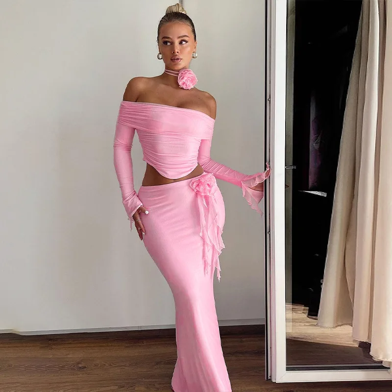 Ootddress Winter New Sexy Long Sleeved Half Skirt Set For Woman 3D Flower Slim Tight Long Skirt Party Evening Dress Two Piece Set 5 Ootddress Winter New Sexy Long Sleeved Half Skirt Set For Woman 3D Flower Slim Tight Long Skirt Party Evening Dress Two Piece Set