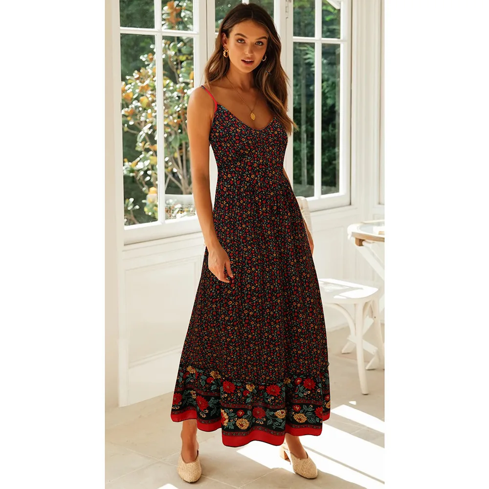 Bohemian Floral Spaghetti Strap Dresses Women Sexy V-neck Backless Casual Beach Vacation Long Dress Female Vestidos Summer New 28 undefined