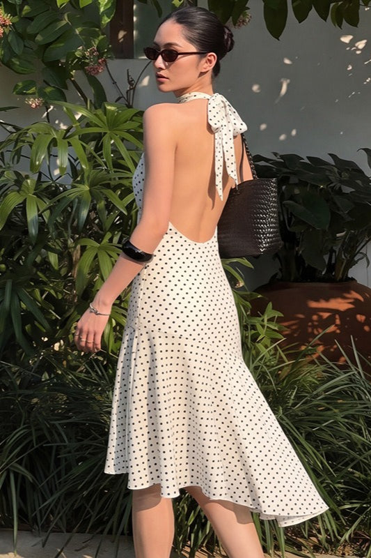 White Cowl Neck Halter Polka Dot Asymmetrical Hem Midi Dress