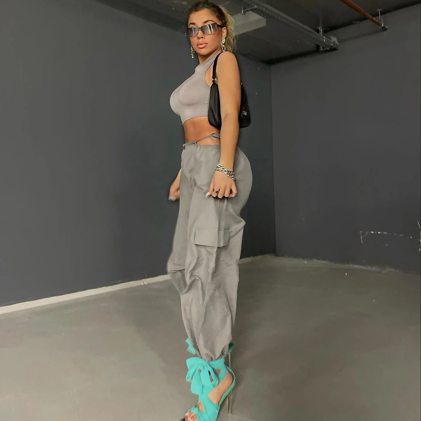 Ootddress Pink Lace-Up Casual Cargo Pants For Women Wide Leg Baggy High Street Pocket Trousers Hollow Out Fashion Designer Trousers