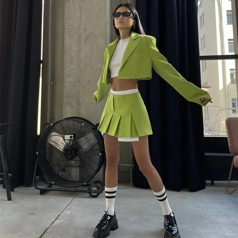 Ootddress 2025 Fall Women Blazer Suit Two Piece Sets Turn-down Collar Blazers Tops And Pleated Skirts Femme High Street Y2K Outfits