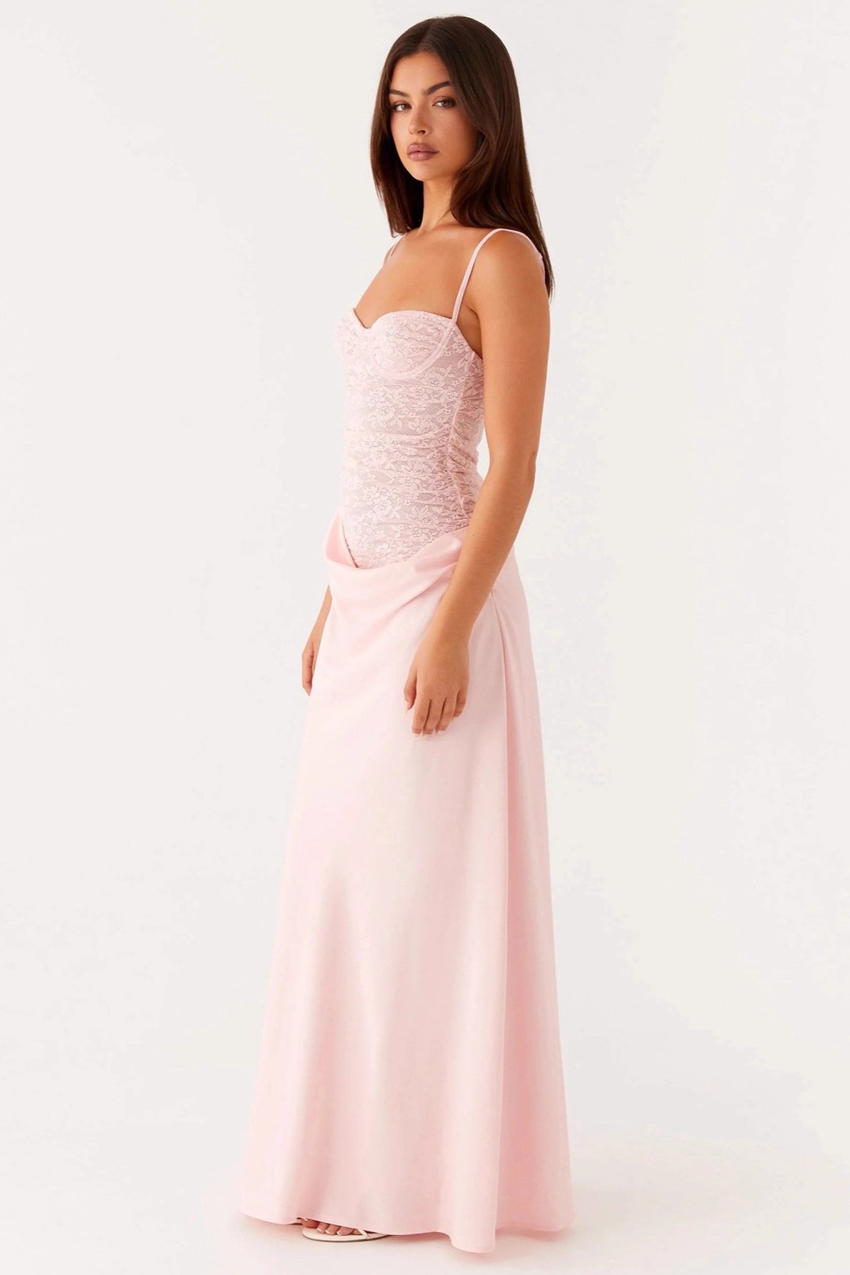 Lace Corset Sweetheart Spaghetti Strap Draped Waist Satin Maxi Gown
