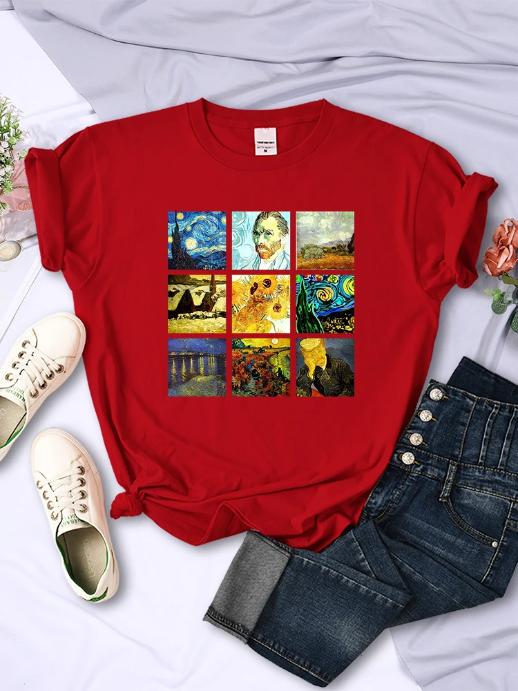 Van Gogh Works Sanskrit Printed Female Tops Breathable Casual T Shirts Fashion Summer Short Sleeve Women Crewneck Street Tshirt