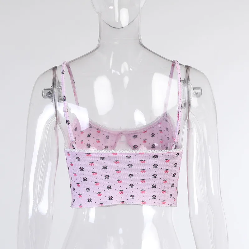 Ootddress Sexy Lace Strawberry Printed Y2K Camisole Women Tank Tops Summer Mini Backless Crop Top Fashion High Streetwear E-Girl