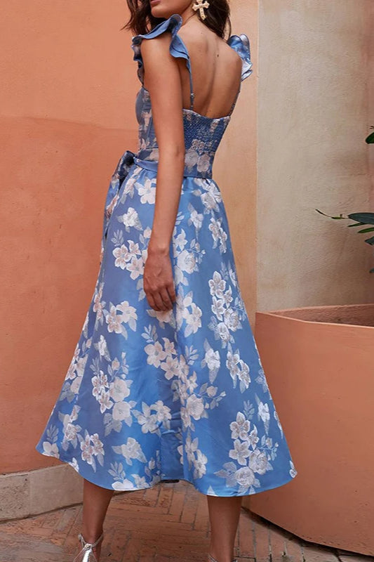 Floral Print Corset Bodice Bow Tie Wrap Split Midi Dress