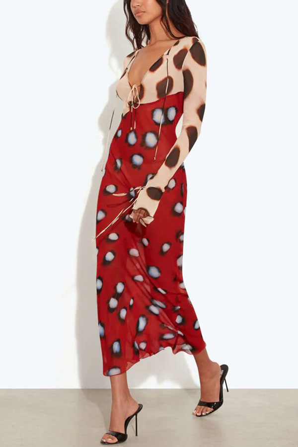 Sabine Animal and Butterfly Print Colorblock Long Sleeve Bias Cut Maxi Dress