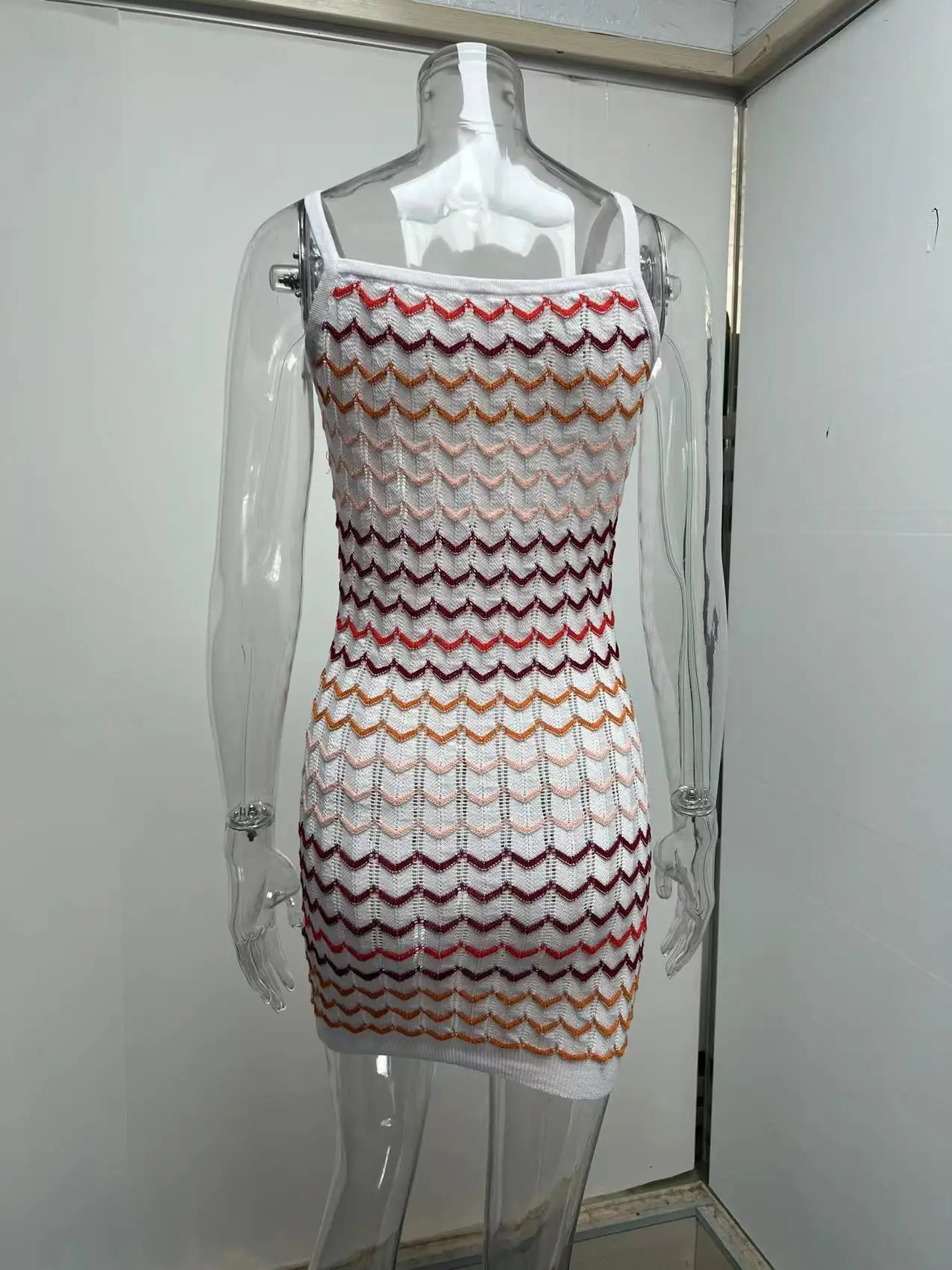 Color Wavy Stripes Slim Spaghetti Strap Mini Dresses Women Knitted Hollow Out Package Hip Bodycon Short Dress Female Streetwear 18 undefined