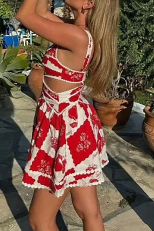 Checkerboard Floral Print Scoop Neck Lace Up Side Cut Out Mini Dress