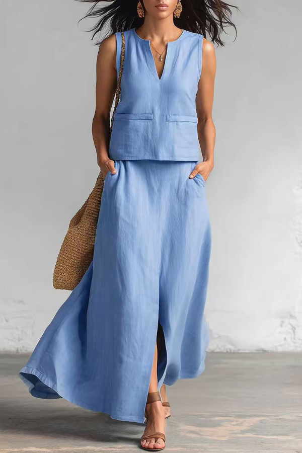 Linen Blend Loose V-neck Sleeveless Top and Elastic Waist Casual Pocket Midi Skirt Set