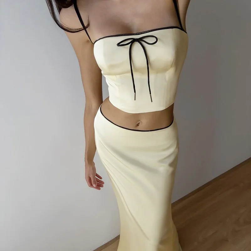 Ootddress Women's Solid Color Slim Fit With Exposed Navel Set Suspender Vest High Waisted Skirt Lady New Fashion Party Clothing 2025
