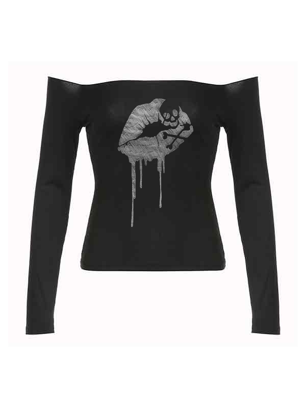 Off Shoulder Lip Skull Print Long Sleeve Tee