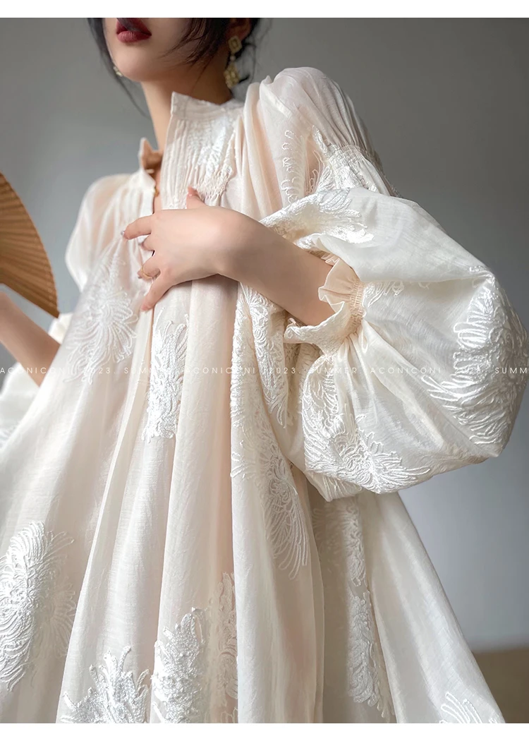 Spring Women Embroidery Evening Party Dresses Elegant Lantern Sleeve Vintage Casual A-Line Dress Female Fashion Vestidos Robe