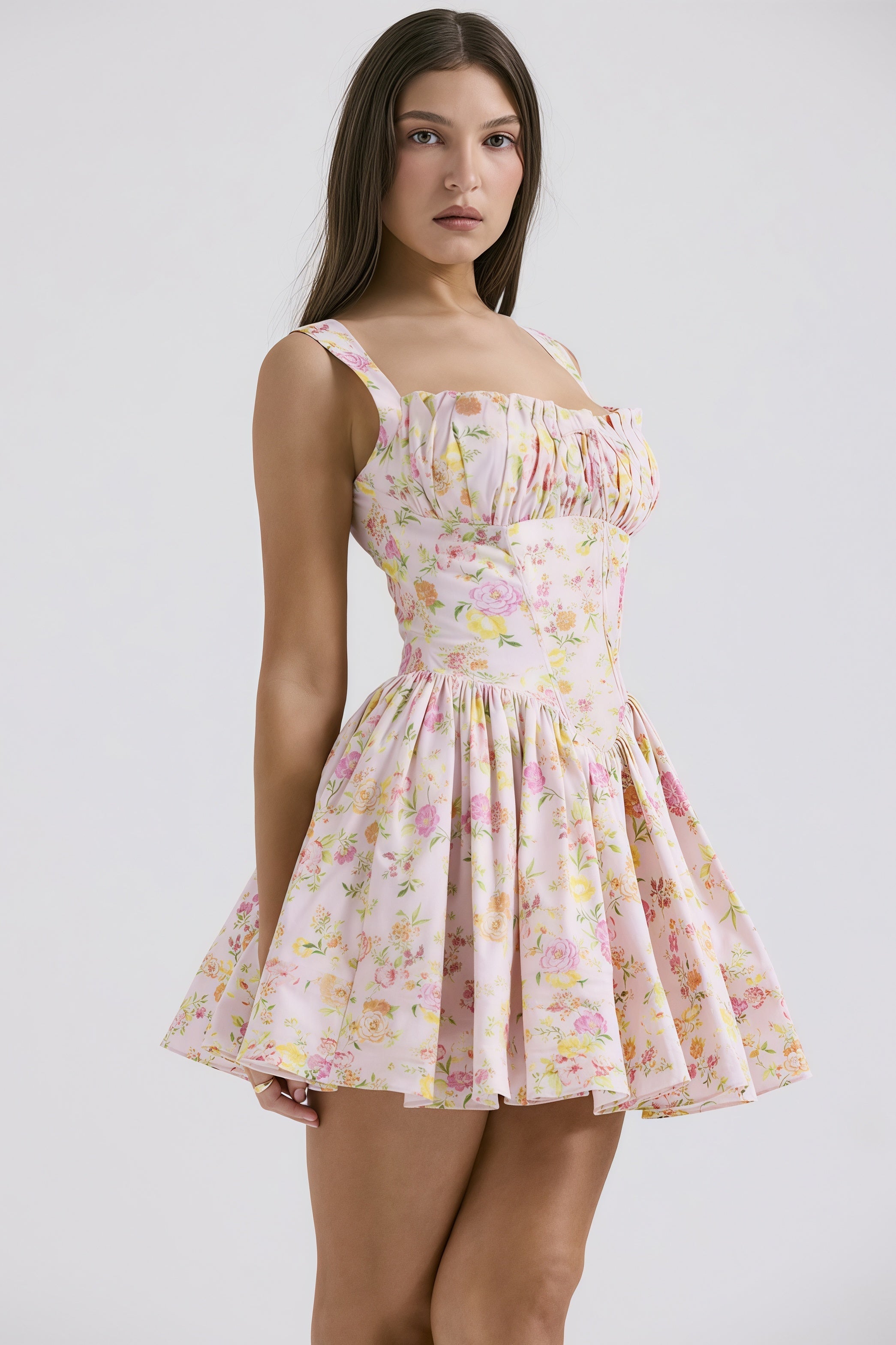 Corset Bodice Tie Front Ruffle Neckline Fit and Flare Floral Cami Mini Dress