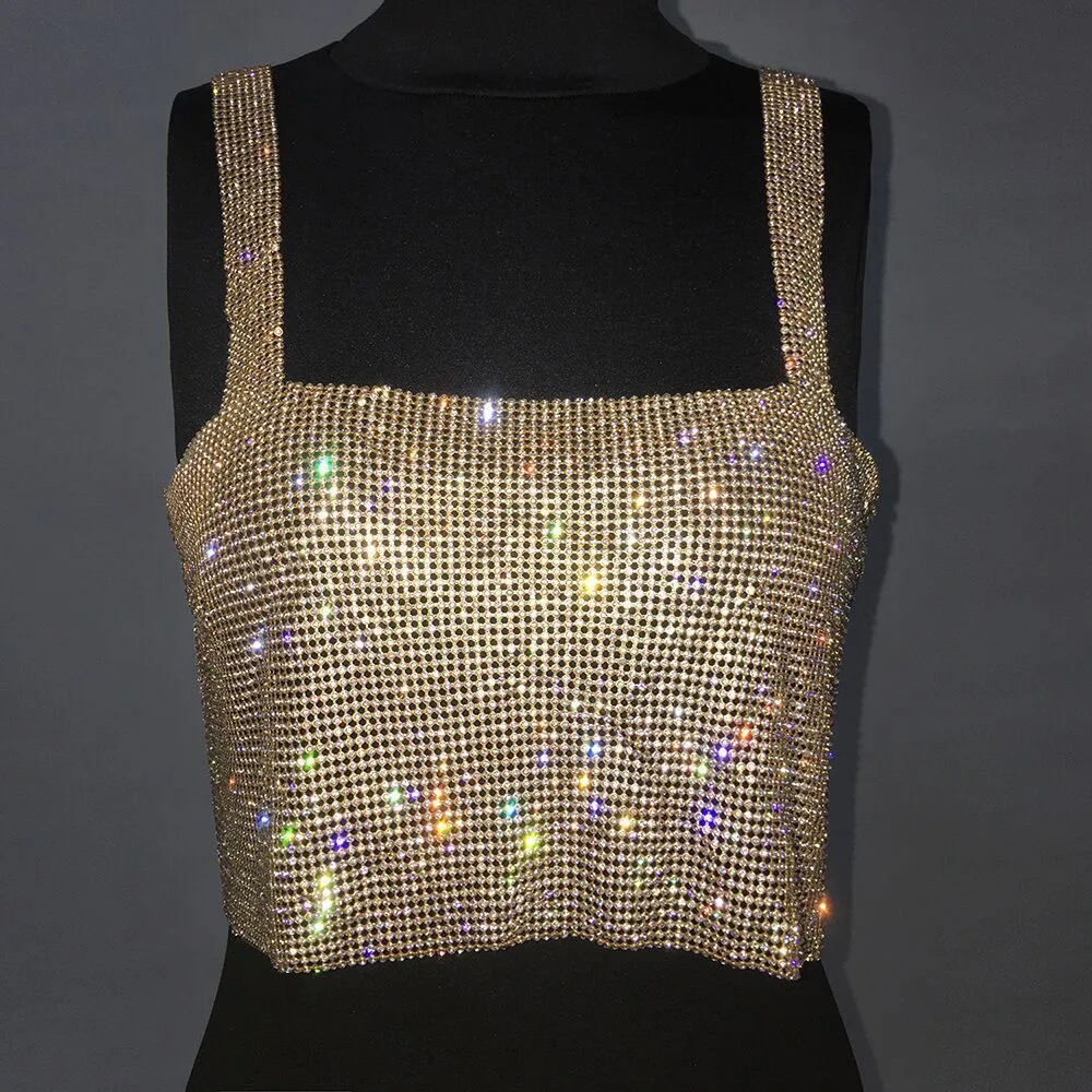 Ootddress Metal Mesh Rhinestone Sleeveless Tank Top Women Back Hollow Chain Crop Tops Hot Girl Beach Sexy Club Party Vest Femme