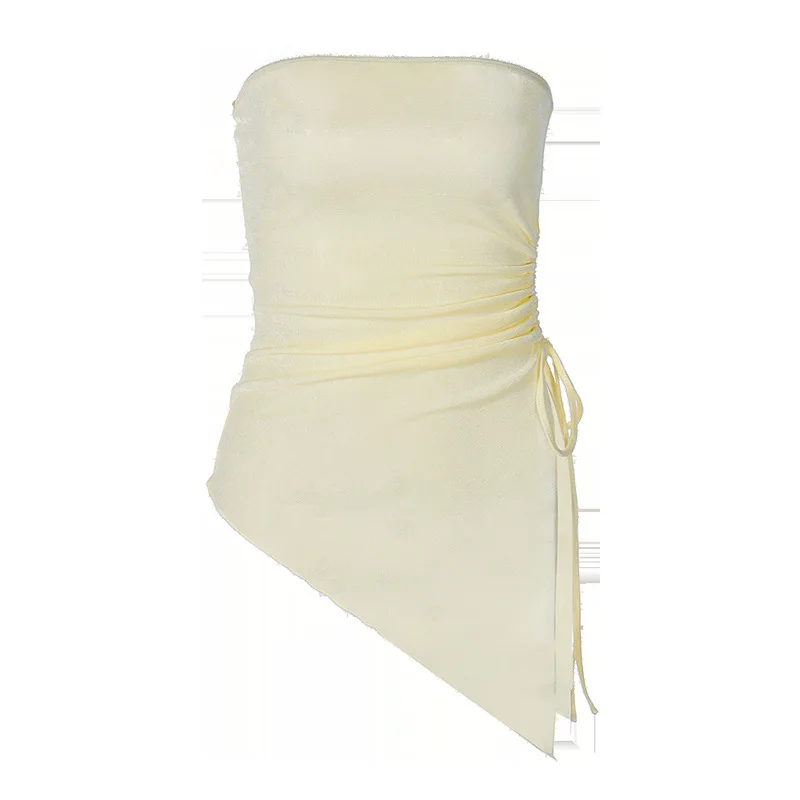 Ootddress Pleated Bandage Tube Tops See-Through Fashion For Women Bandeau Lace-Up Sheer Tank Top Backless Casual Solid Y2k Top Vest