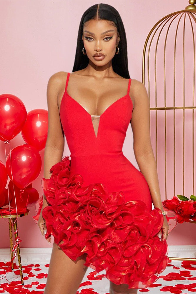 Spaghetti Strap Ruffled Asymmetric Hem Bodycon Mini Dress