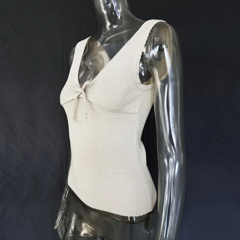 Ootddress Retro Deep V Neck Crop Top Women Y2k Ruffle Vintage Tank Tops Womens Tie Up Bow Knitted Woman Backless Cute Tops 2025 New