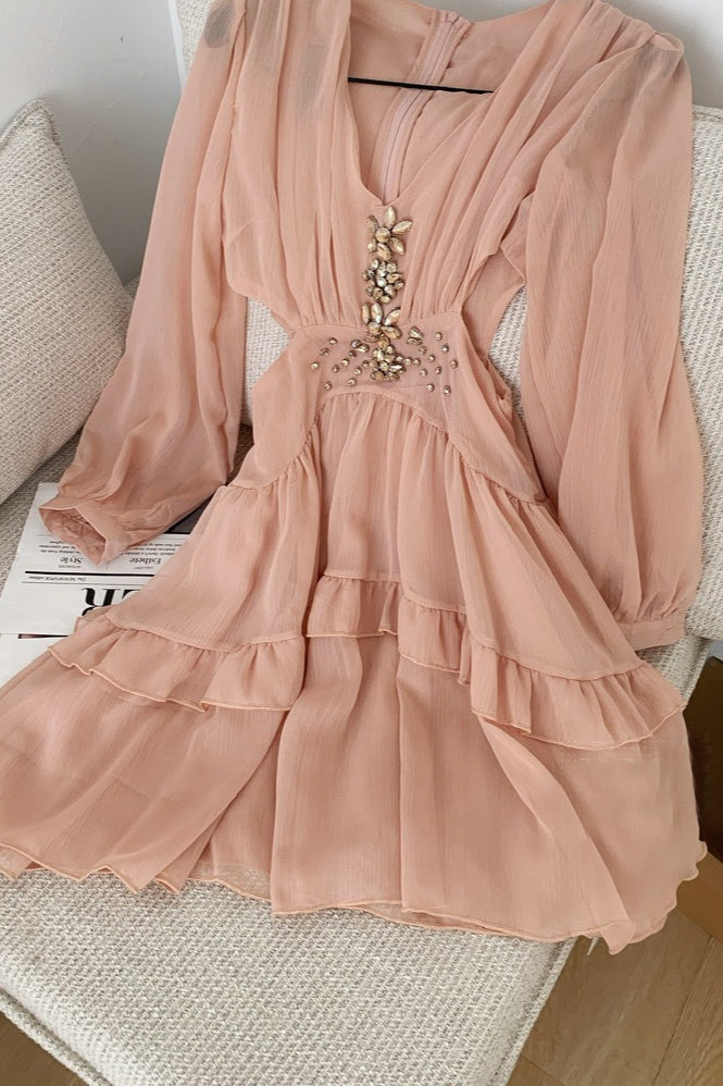 Rhinestone Deep V-Neck Bishop Sleeve Cut Out Waist Tiered Chiffon Mini Dress