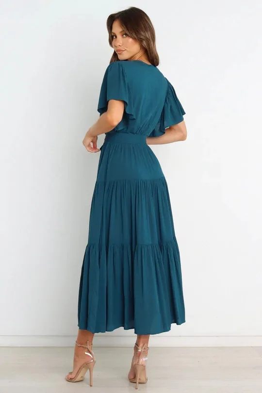 Trendy Solid Color Ruffles Long Dresses Women Sexy V-neck Ruffle Sleeves Leace-up Temperament Elegant Lady Dress 2025 Summer New 25 undefined