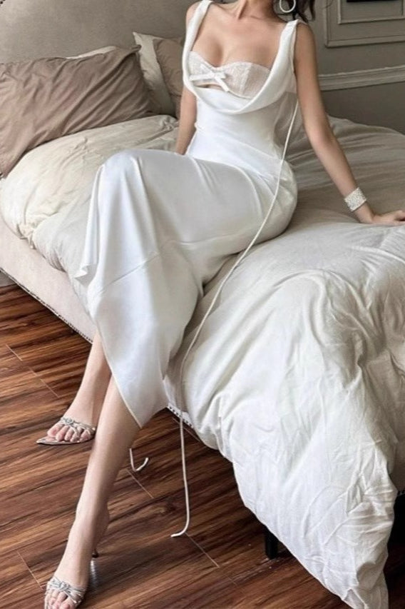 Satin Cowl Neck Lace Bustier Bow Accent Bodycon Maxi Gown