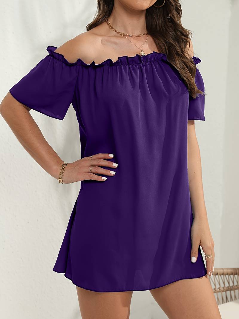 Off Shoulder Ruffle Trim Flutter Sleeve Shift Mini Dress