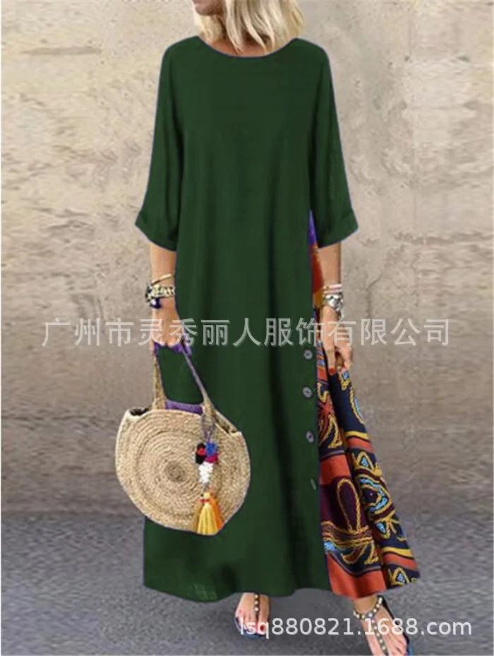 Cotton Linen Vintage Long Dresses Women Three Quarter Sleeves Splicing Print Loose A-line Dress Fashion Casual Lady Maxi Vestido 20 undefined