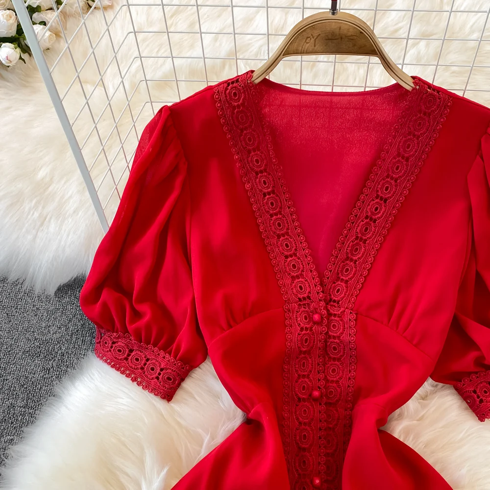New Women Vintage Party Dress Summer Puff Sleeve Sexy V Neck Lace Single-breasted Long Dresses Ladies A Line Elegant Long Robe 7 New Women Vintage Party Dress Summer Puff Sleeve Sexy V Neck Lace Single-breasted Long Dresses Ladies A Line Elegant Long Robe