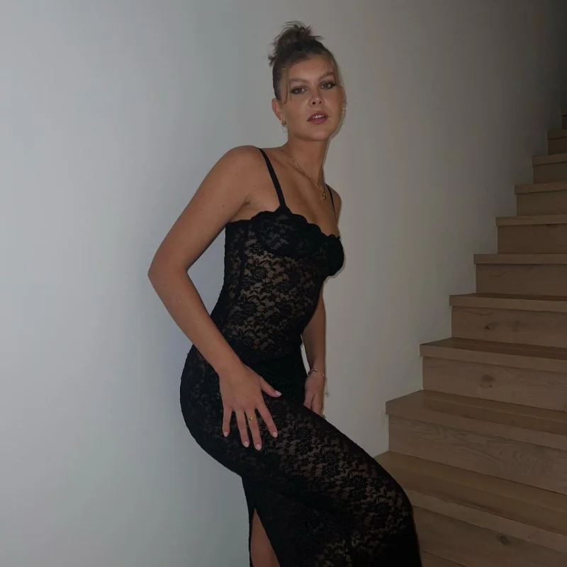 Ootddress Lace Black Dress Female Slim Hollow Out Spaghetti Backless Dress Elegant Party Evening Gown Split Women Maxi Dress Summer