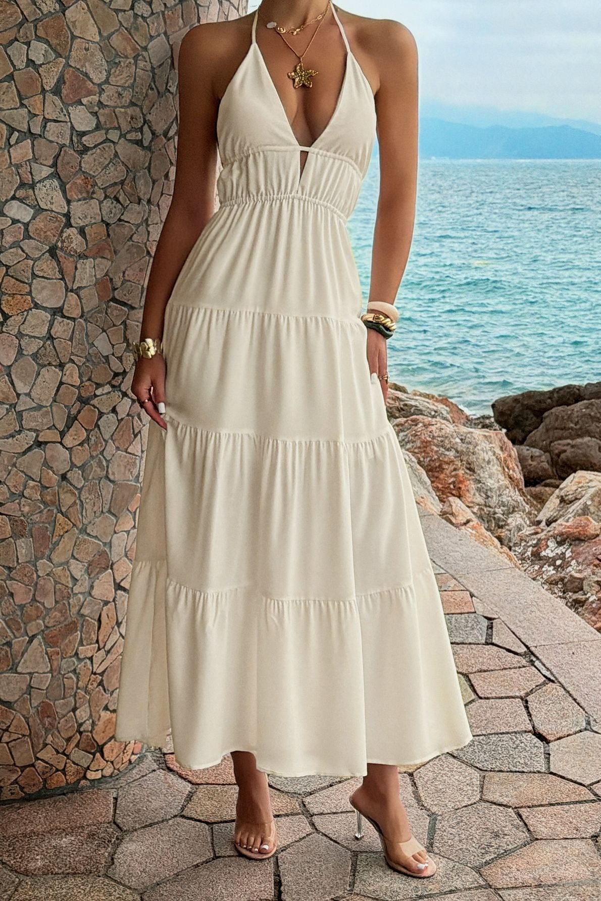Deep V Neck Halter Smocked Waist Tiered Maxi Dress