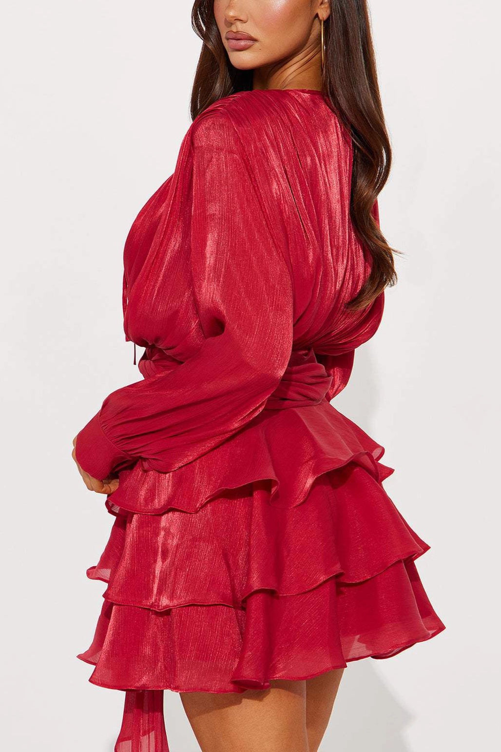 Keyhole Tie Neck Long Sleeve Button Cuff Ruched Waist Tiered Ruffle Satin Mini Dress