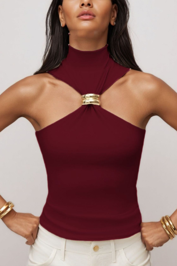Solid Color Sleeveless Off-shoulder Embellished Slim Stretch Top