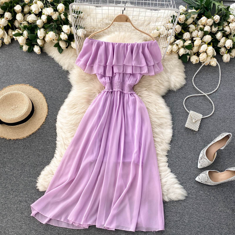 Women Chiffon Beach Dress Sexy Double Layer Ruffled Off The Shoulder Boho Dresses Ladies Sweet Slash Neck Long Dress 10 Women Chiffon Beach Dress Sexy Double Layer Ruffled Off The Shoulder Boho Dresses Ladies Sweet Slash Neck Long Dress