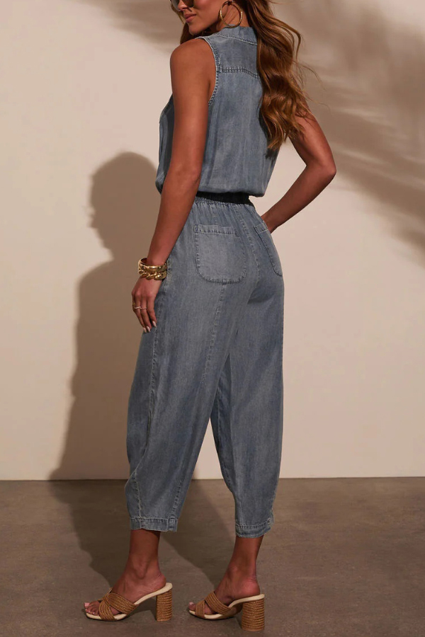 Stylish Collared Sleeveless Elastic Waist Tie Casual Pocket Denim Jumpsuit