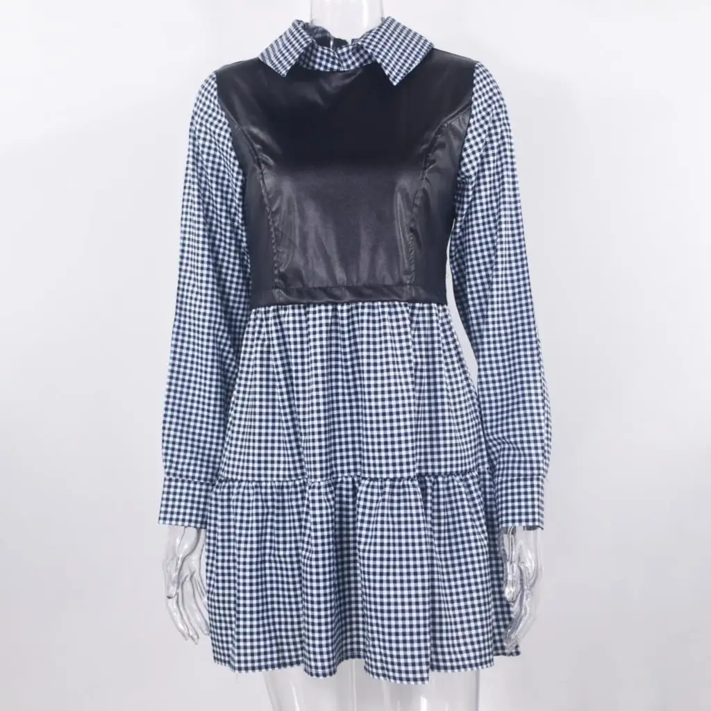 Plaid Shirt Casual Vestidos Long Sleeve White Short Dress For Women Summer PU Leather Patchwork Sweet Office Ladies Mini Dresses