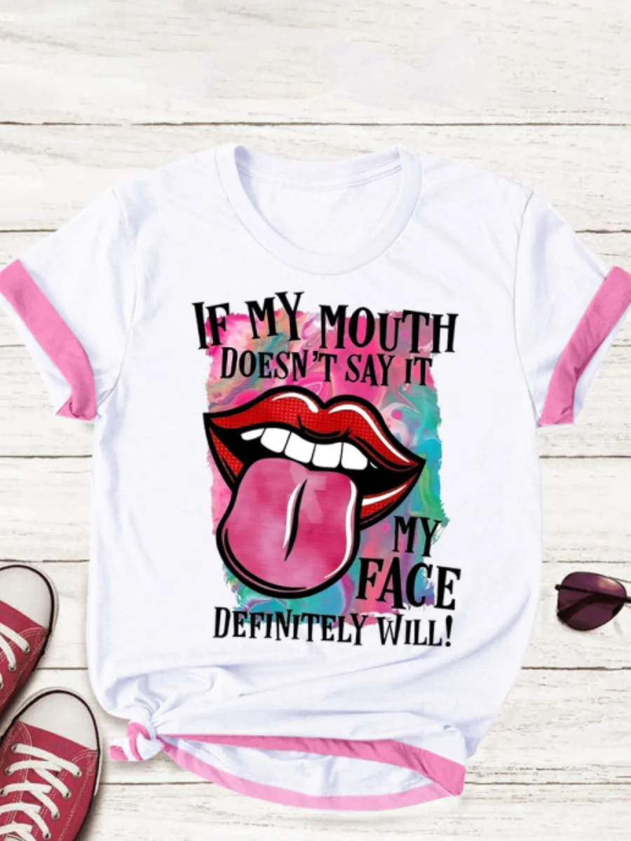 Plus Size Lip Letter Print T-shirt Summer Short Sleeve Women's Fashion Top 11 Plus Size Lip Letter Print T-shirt Summer Short Sleeve Women's Fashion Top