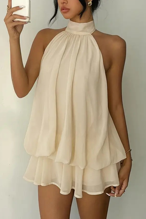 Fashionable Chiffon Halter Neck Backless Lace-up Casual Vacation Mini Dress