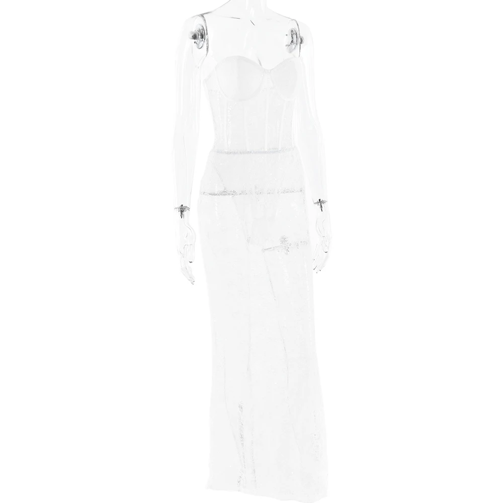 Ootddress Sexy Lace Patchwork Bodysuit Long Skirt Set Women Zipper Tight Top Split Half Skirt See Through Two-piece Fall New