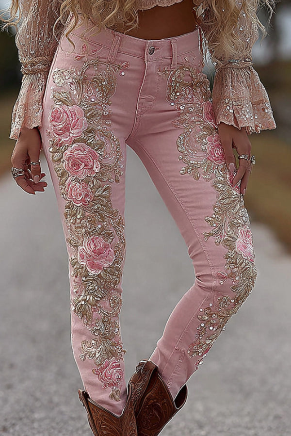 3D Floral Print Pocket Casual Jeans