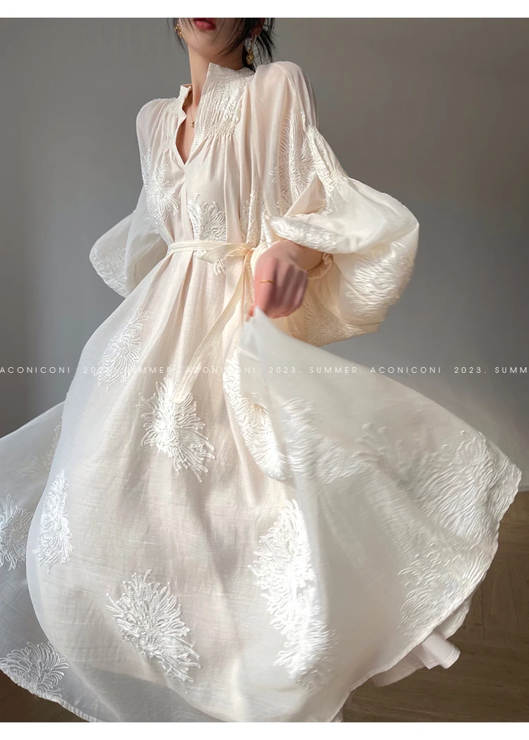 Spring Women Embroidery Evening Party Dresses Elegant Lantern Sleeve Vintage Casual A-Line Dress Female Fashion Vestidos Robe