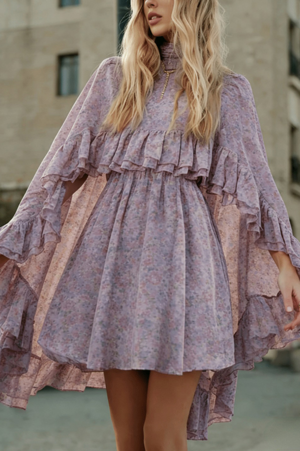 Solid Color Loose Stand Collar Ruffled Top and V-neck Camisole Fitted Waist Mini Dress Set