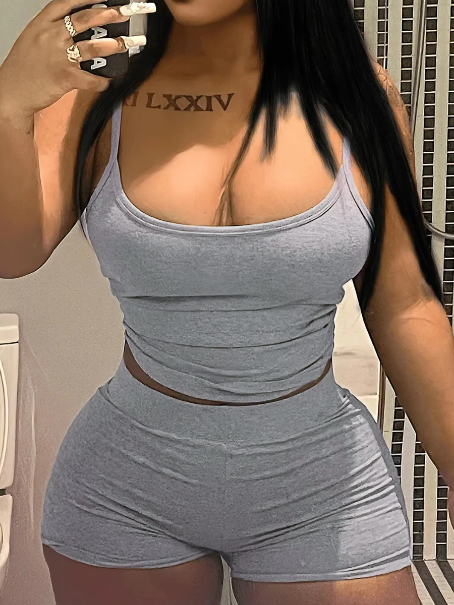 Women Chic Cami Skinny Stretchy Shorts Set Suspenders Top - Stylish and Comfortable