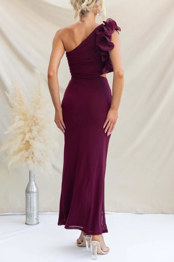 Fashionable Mesh Sleeveless One-shoulder Waist-revealing Maxi Dress