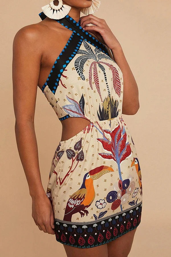 Halter Tropical Palm Toucan Print Side Cut Out Mini Dress