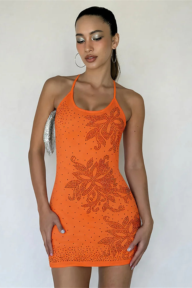 Halter Neck Rhinestone Floral Motif Embellished Bodycon Mini Dress
