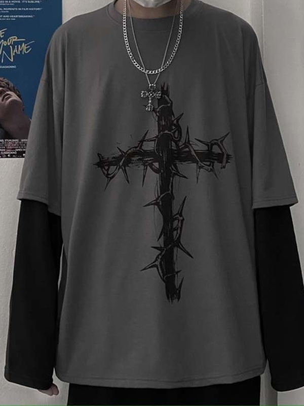 Thorn Print Fake Two Piece Oversized Long Sleeve Tee
