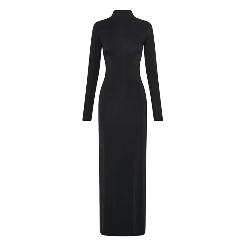 Ootddress Black Backless Slim Long Dress For Women High Split Fashion Long Sleeve Patchwork Party Dress Ladies Elegant Maxi Dress